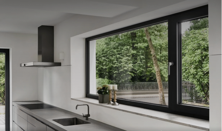Aluminum casement window in a kitchen