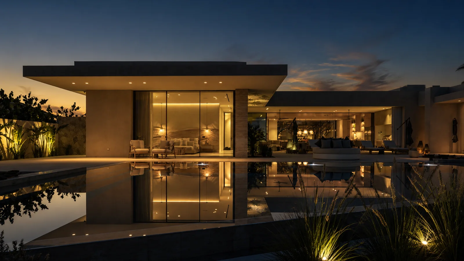 Luxury villa with floor-to-ceiling 150 panoramic sliding doors at sunset