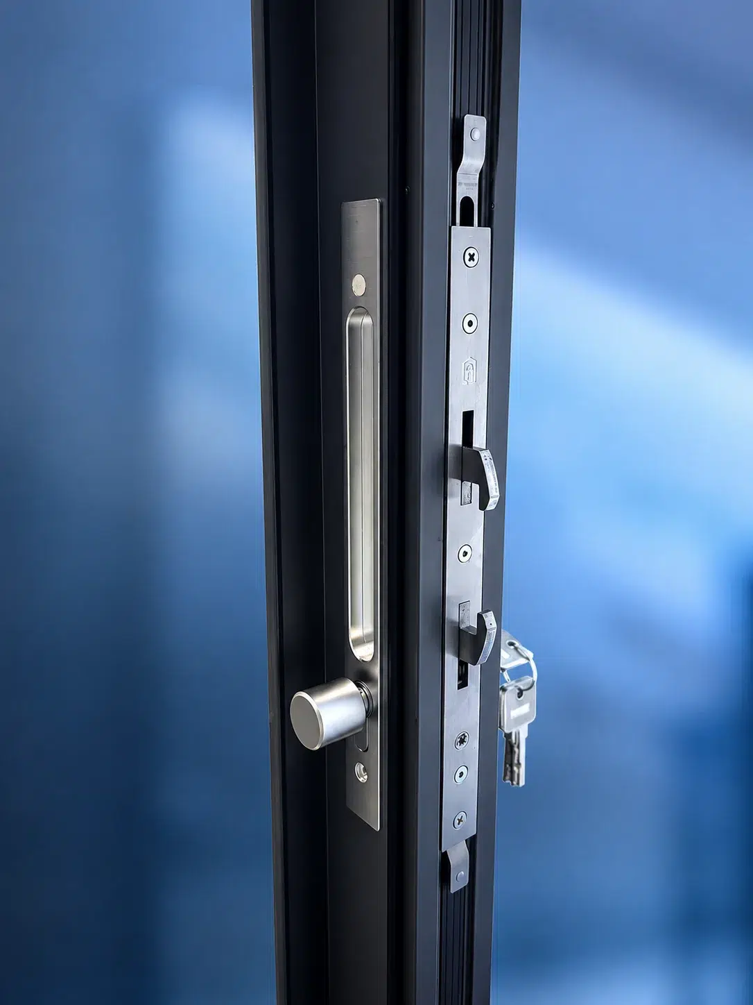 Recessed handle and integrated multi-point lock on a sliding door