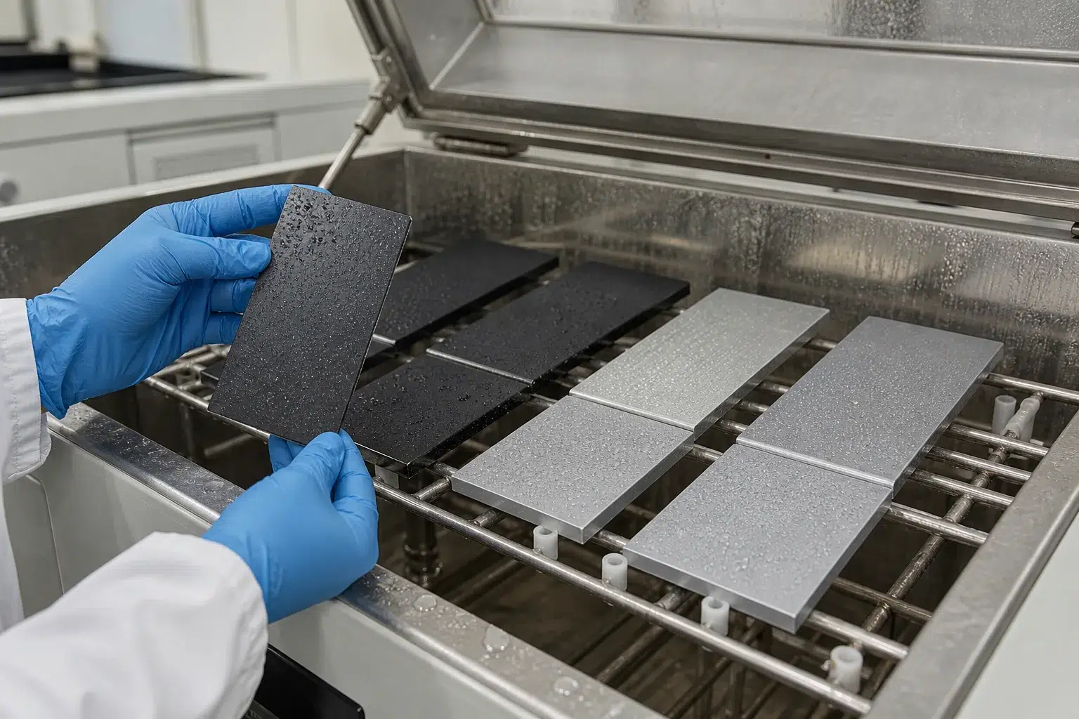 Salt-spray testing of powder-coated and anodized aluminum sample panels