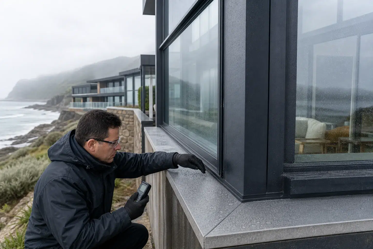 Inspection of a coastal aluminum window facade exposed to sea mist