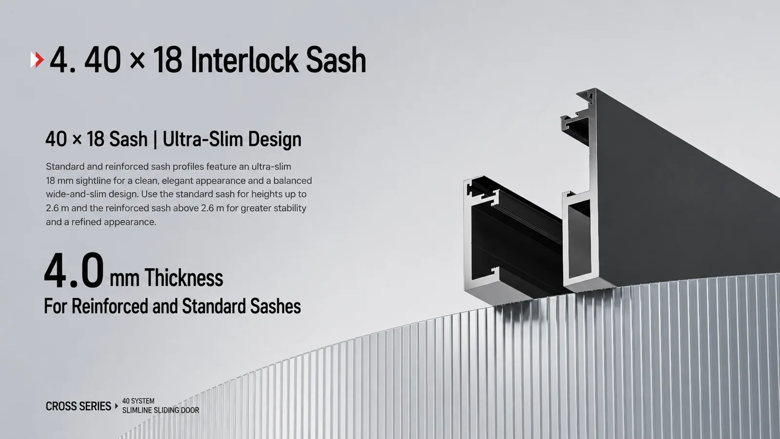 40 by 18 interlock sash with 18 mm sightline for a slimline sliding door