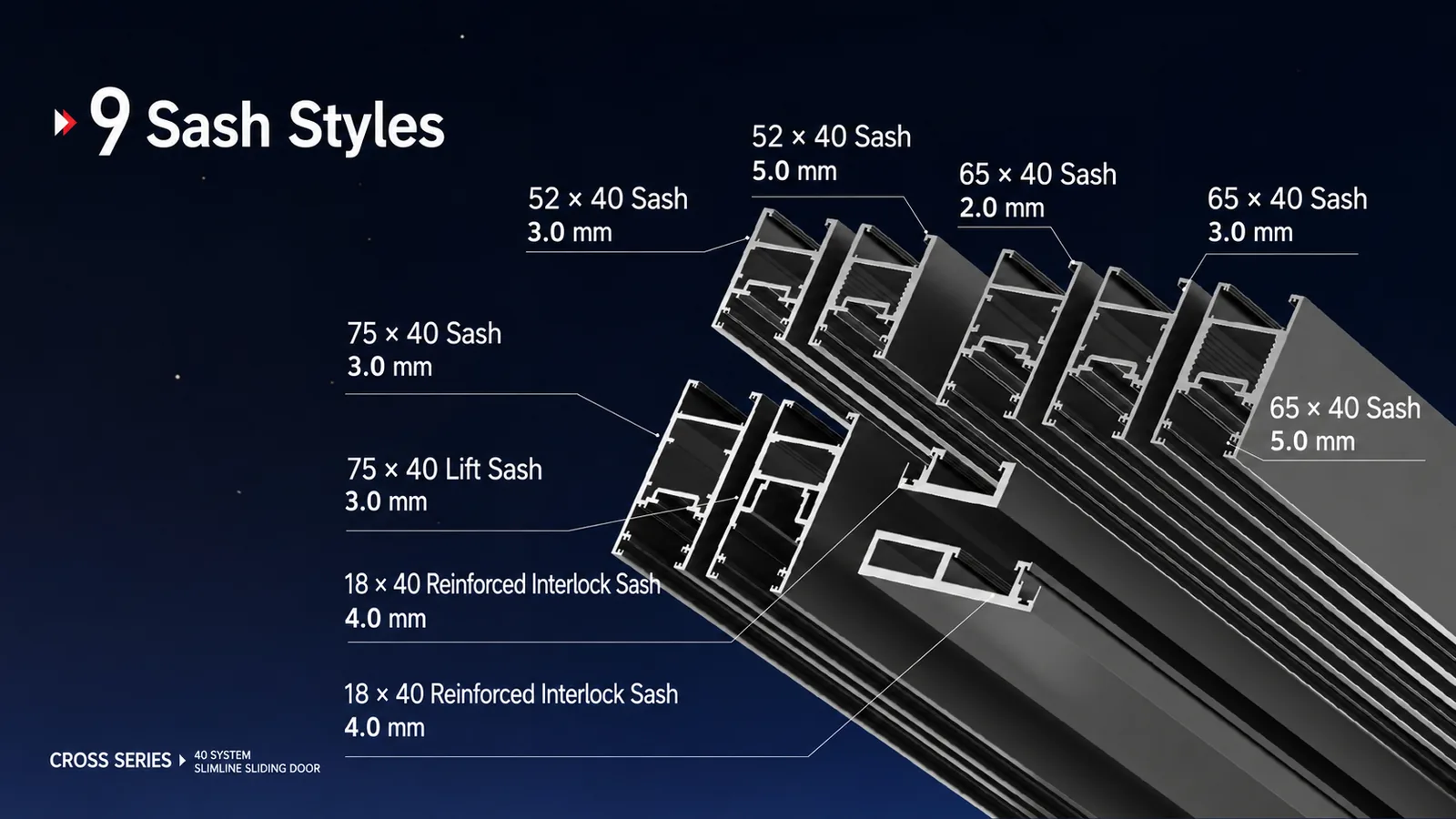 Nine sash profile styles for the MT Flying 40 System sliding door