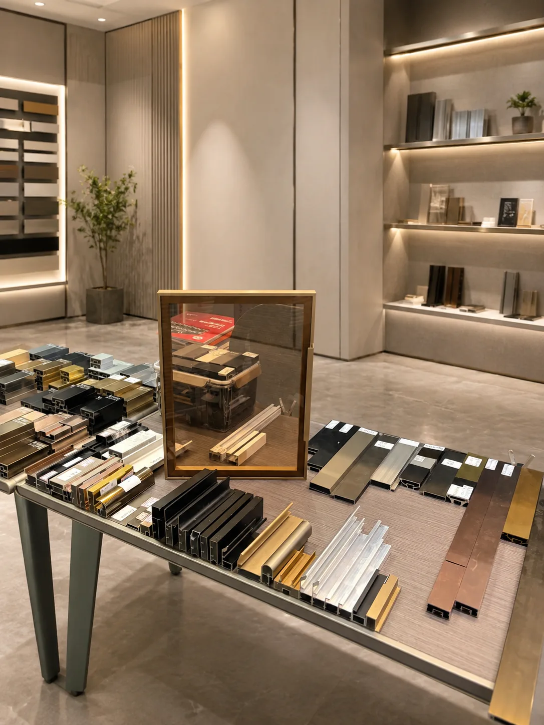 MT Flying aluminium cabinet profile showroom and finish library