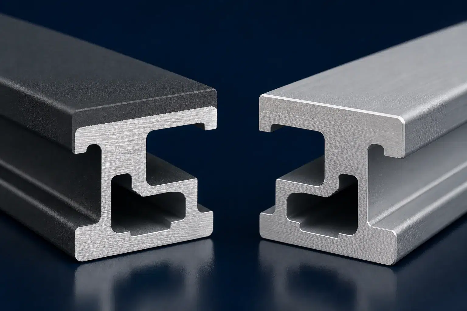 Powder coating and anodizing – Macro comparison of powder-coated and anodized aluminum profile surfaces