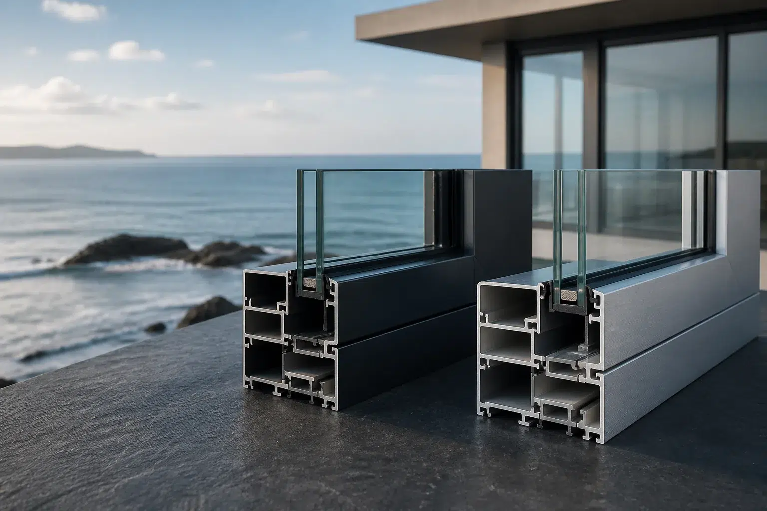 Powder coating and anodizing – Charcoal powder-coated and silver anodized aluminum window profiles overlooking a coastal site