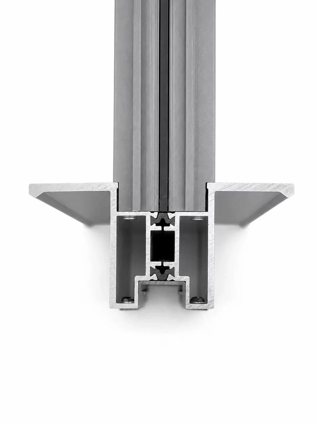 Silver aluminum sliding door profile cross-section showing internal chambers and central connecting strips
