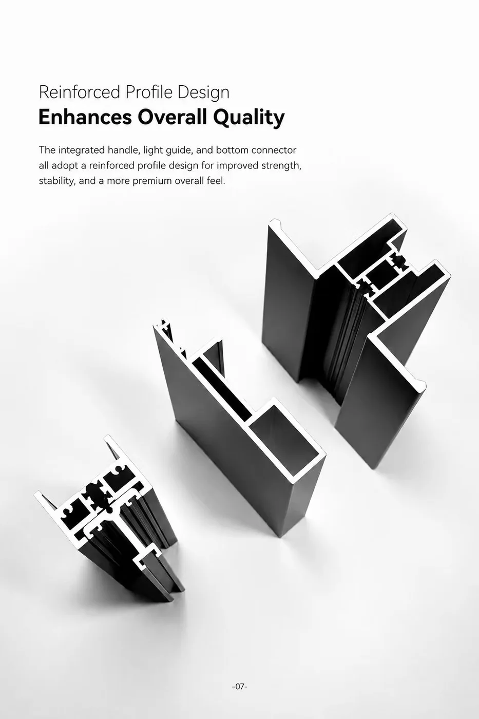 150 Series reinforced handle, guide and bottom connector profile components