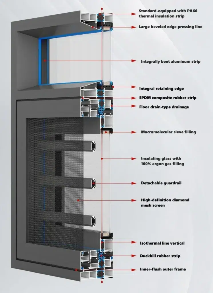 Catalogue section view of the 112 integrated casement window, showing separate glass and screen portions.
