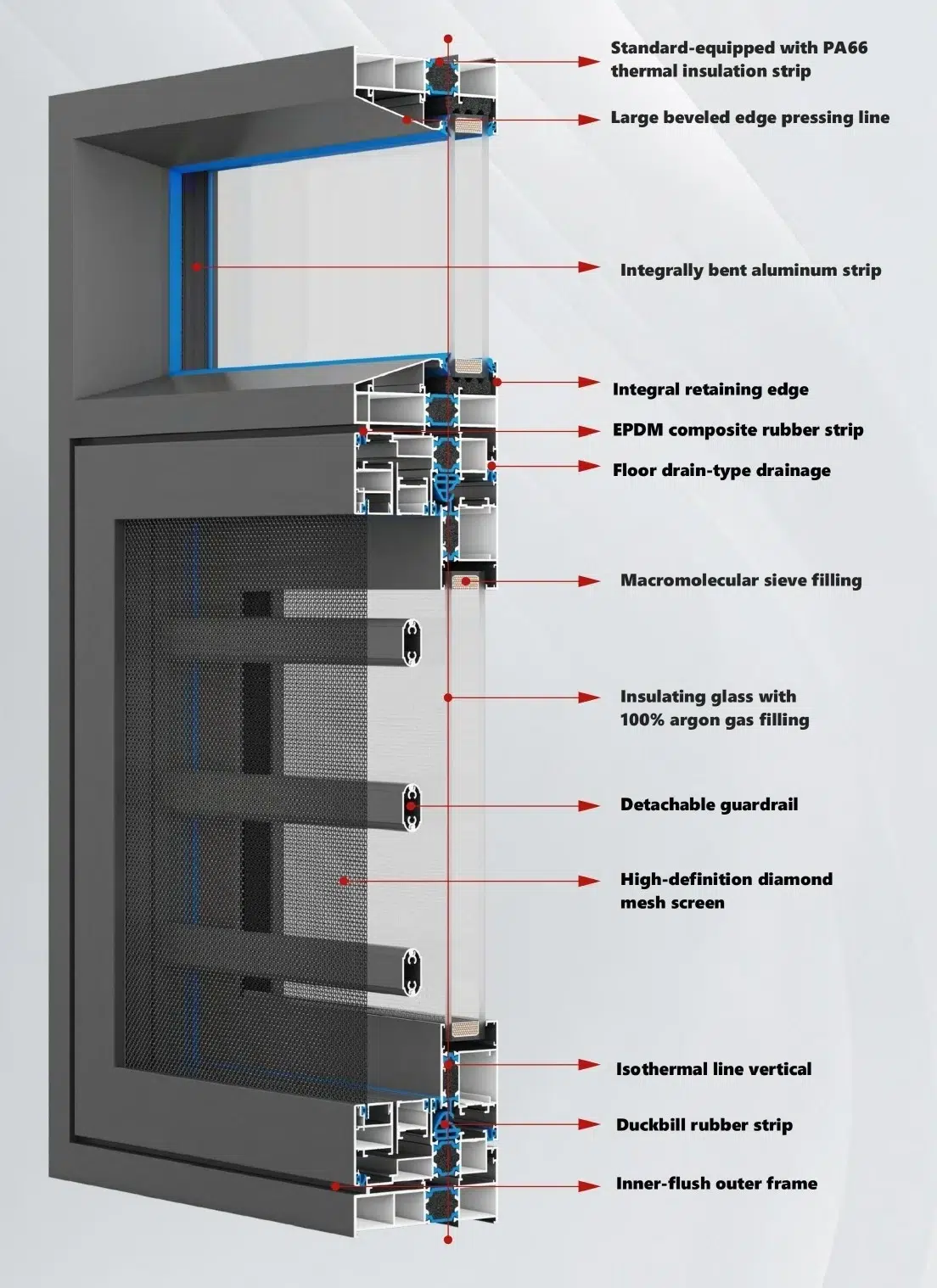 Catalogue section view of the 112 integrated casement window, showing separate glass and screen portions.