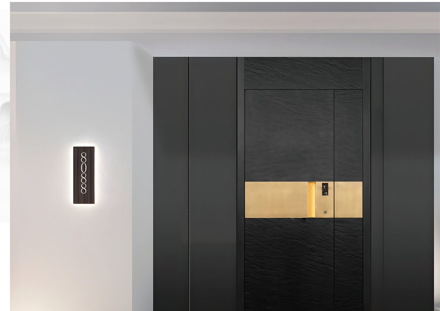 Black aluminum entry door with brass handle panel JNW-0002