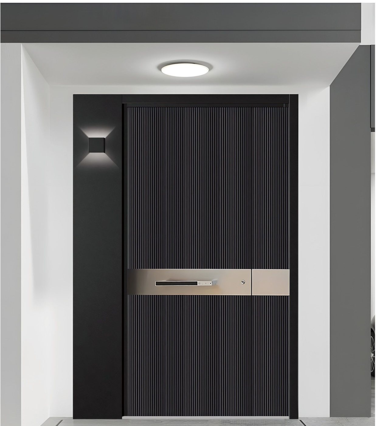 Black fluted aluminum front door with satin pull JNW-0003