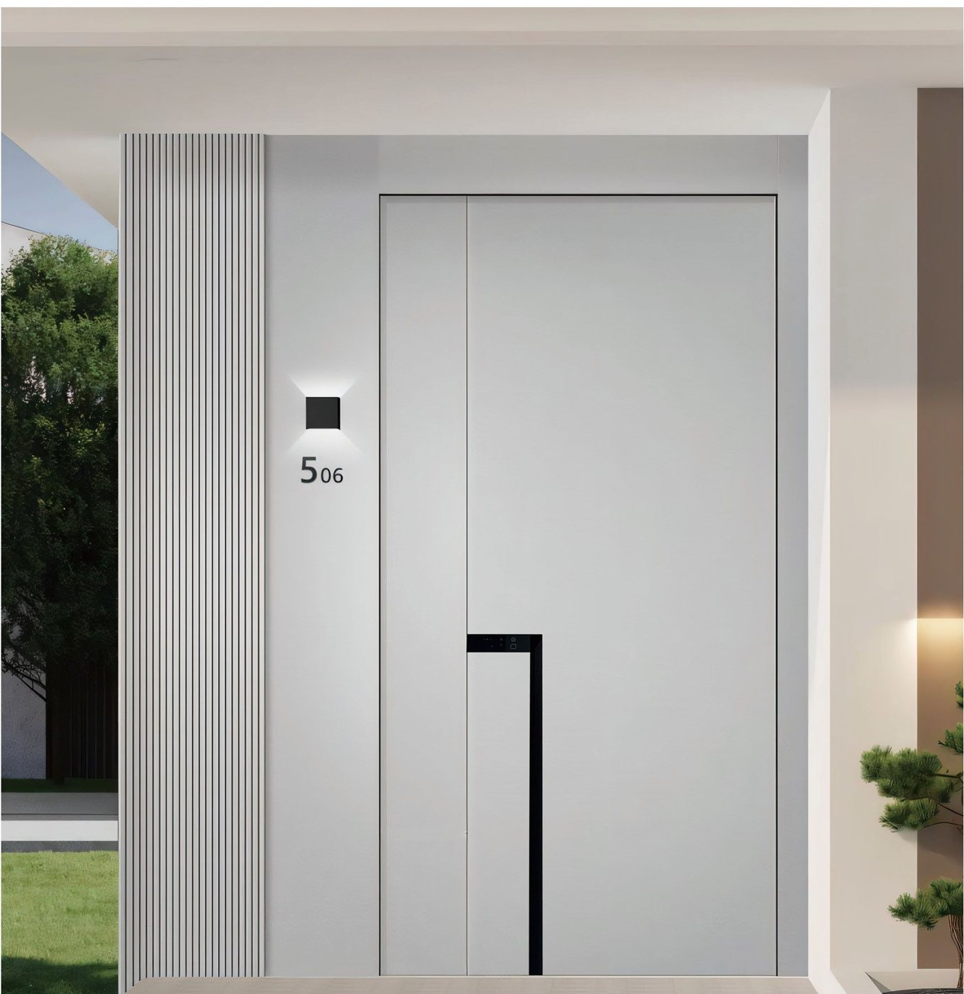 Light grey aluminum entry door with black L-shaped handle JNW-0004