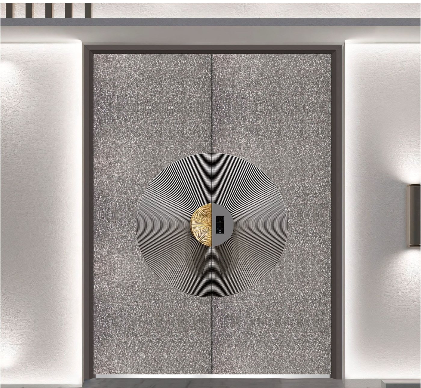 Textured grey double aluminum door with radial brass handle JNW-0011