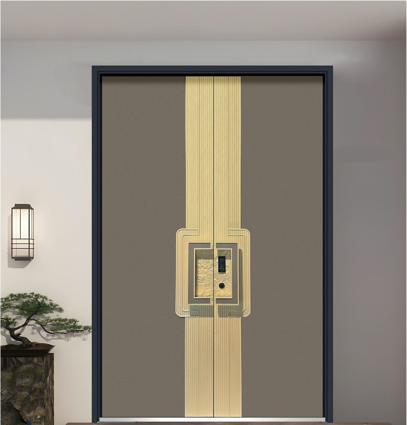 Taupe double aluminum door with brass fluted centre JNW-0012