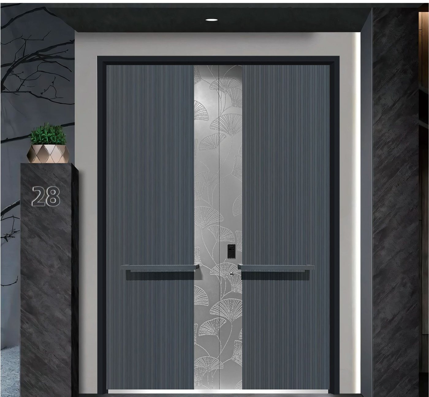 Slate double aluminum door with etched ginkgo centre JNW-0017