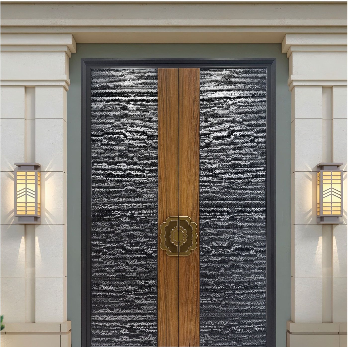 Stone-texture double aluminum door with walnut centre JNW-0018
