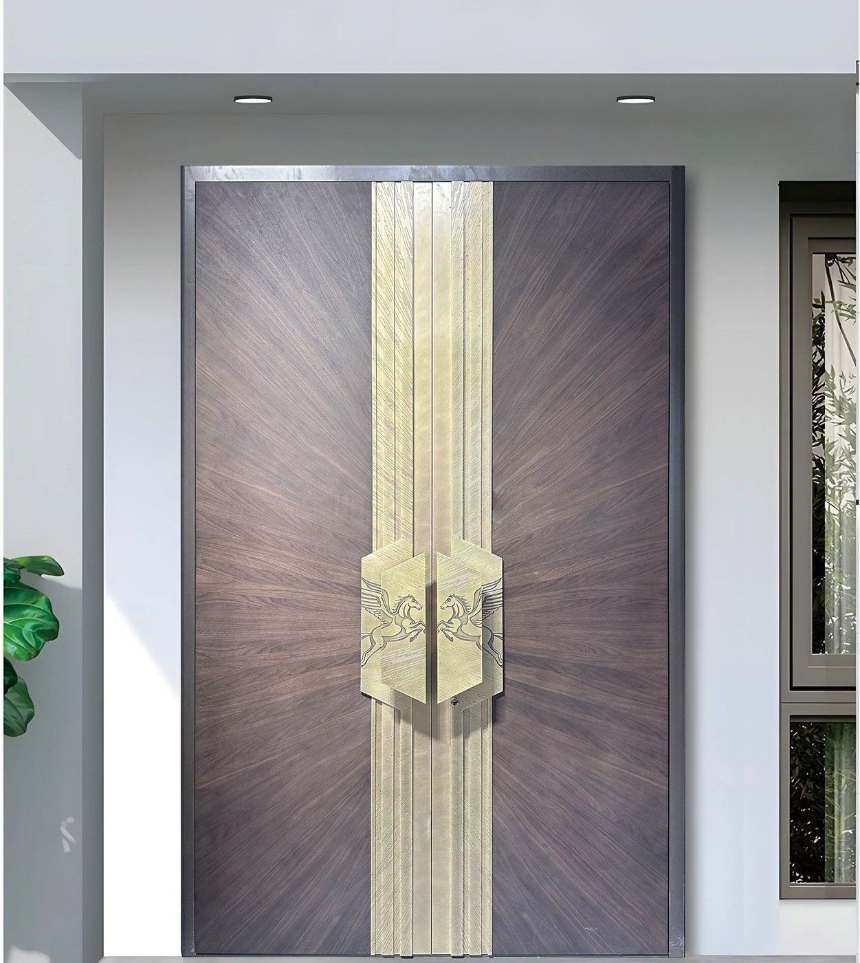 Walnut sunburst double aluminum door with brass centre JNW-0022