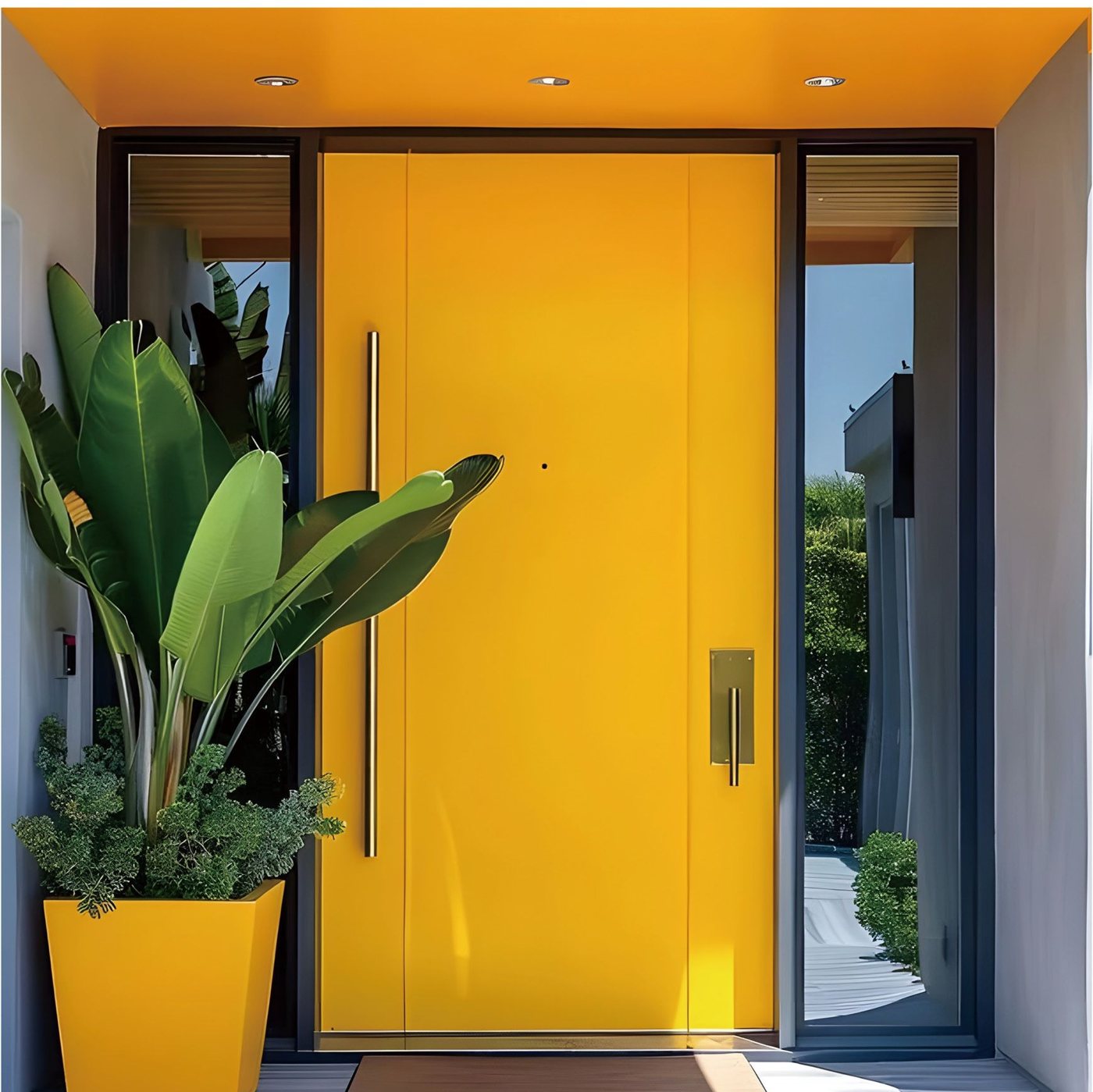 Yellow aluminum pivot entry door with glass side lites JNW-0023