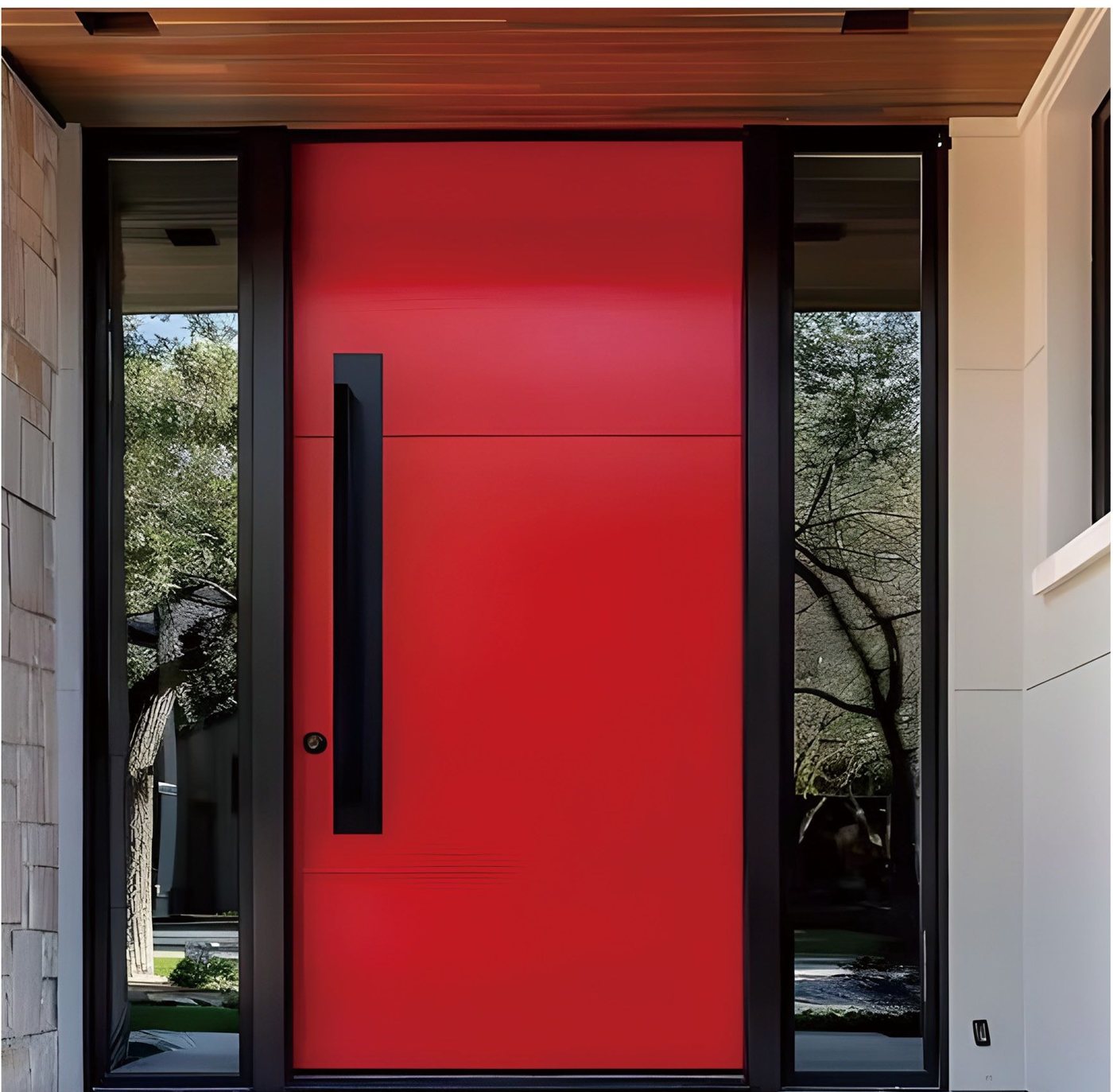 Red aluminum pivot main door entry door with full-height handle and glass side lites