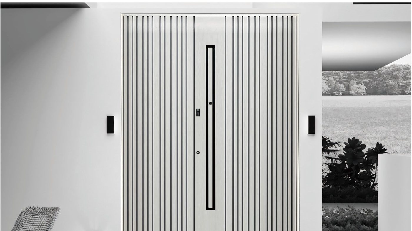 White ribbed aluminum pivot door JNW-0025