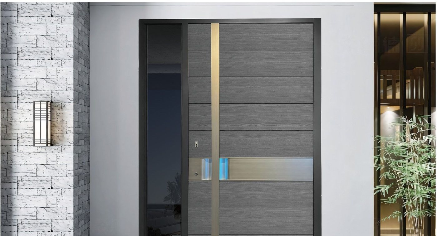 Grey aluminum pivot door with brass line JNW-0026