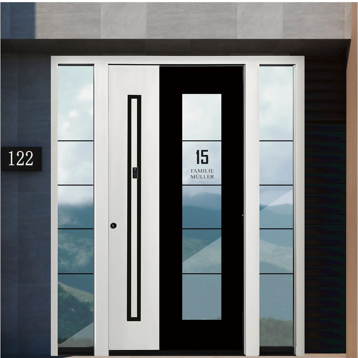 Black and white glazed aluminum pivot door JNW-0027