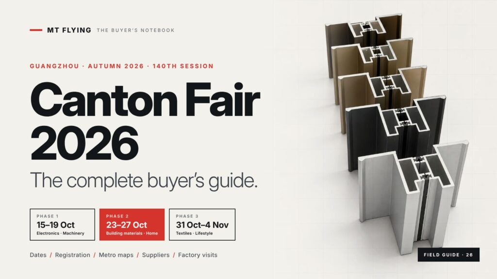 Canton Fair 2026 buyer’s guide cover showing the three autumn phase dates beside MT Flying aluminum window and door profiles in five finishes