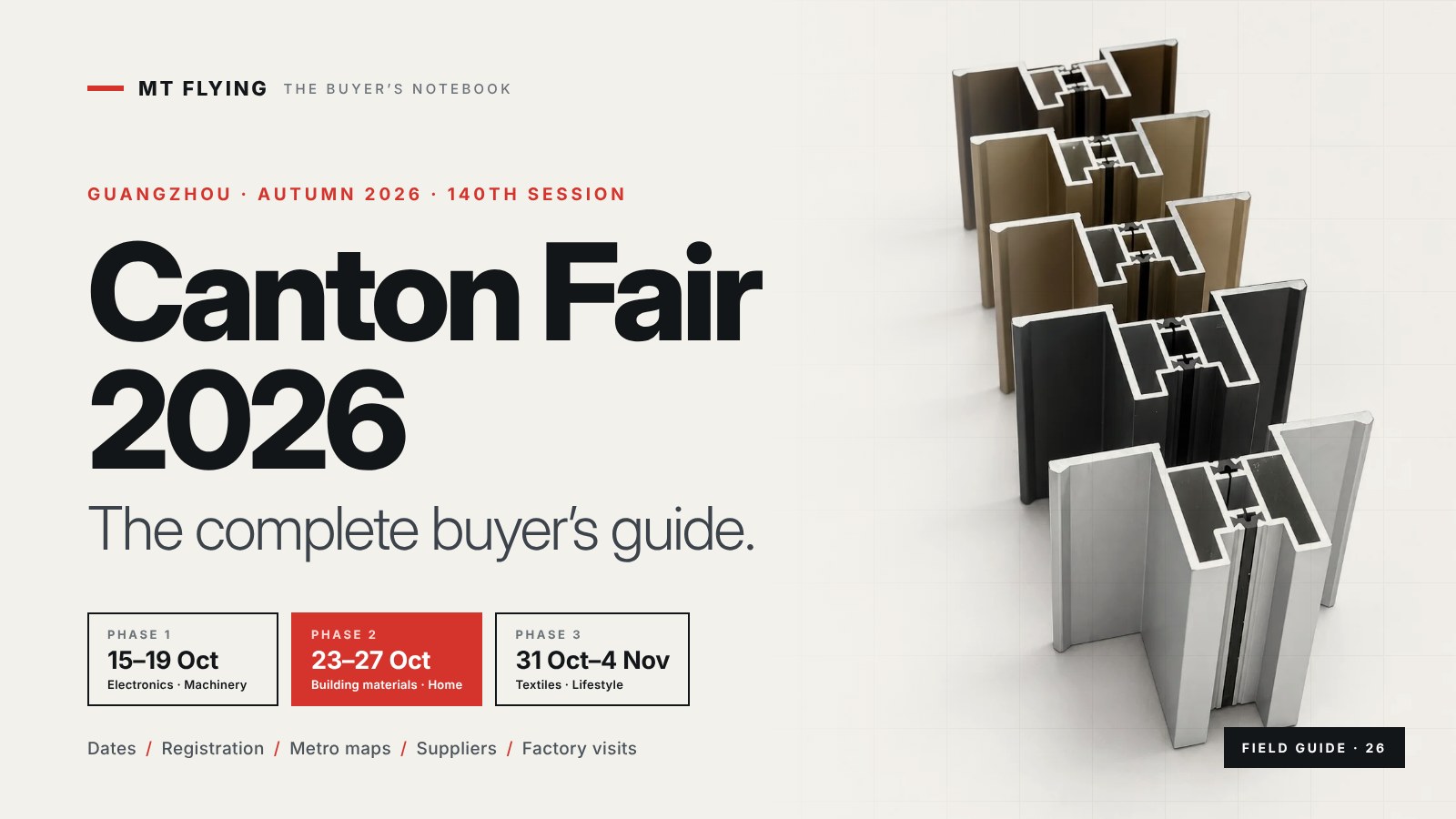 Canton Fair 2026 buyer’s guide cover showing the three autumn phase dates beside MT Flying aluminum window and door profiles in five finishes