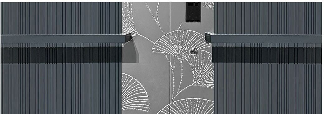 Etched ginkgo leaf panel on aluminum double door