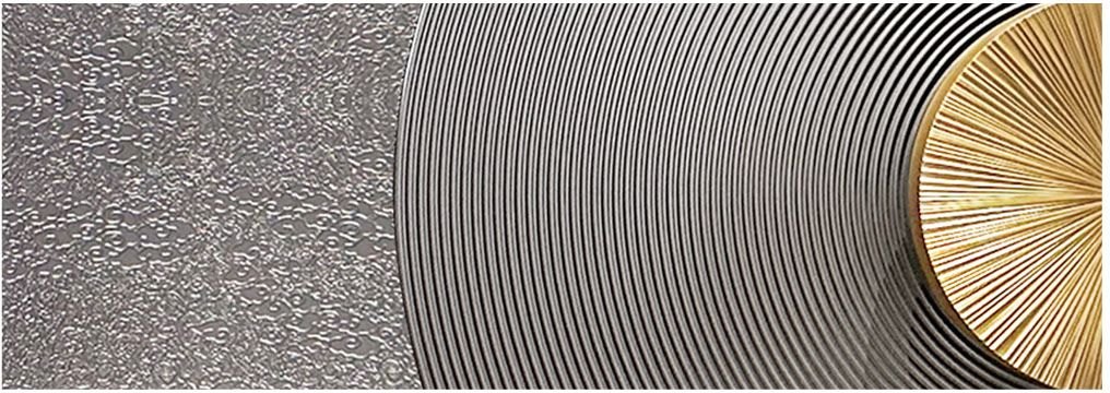Radial brushed metal handle plate on aluminum entry door