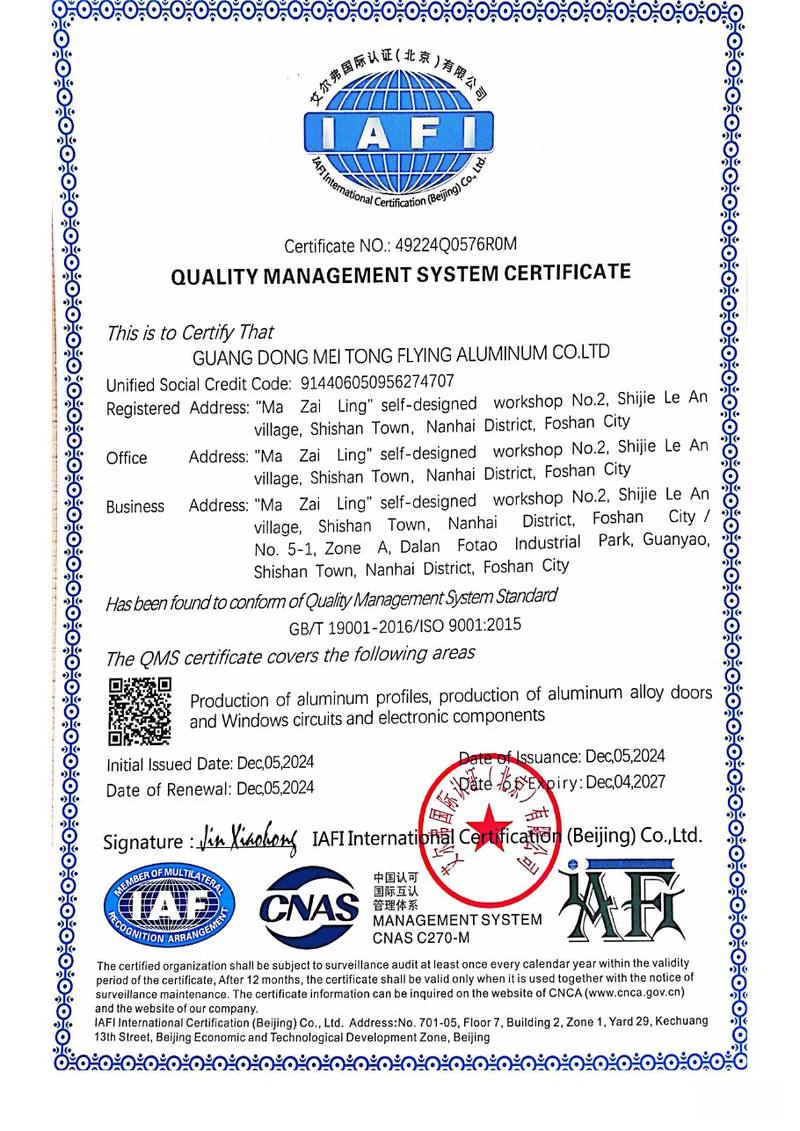 MT Flying ISO 9001:2015 quality management system certificate No. 49224Q0576R0M
