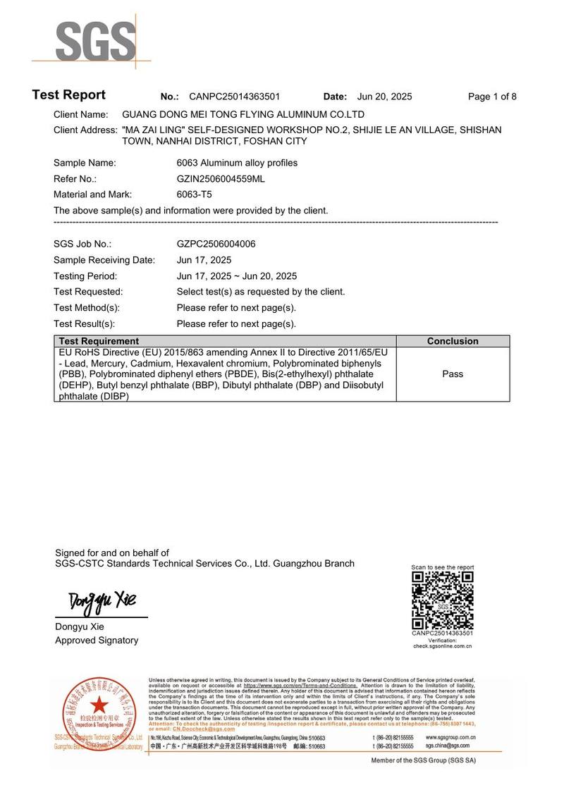 SGS test report CANPC25014363501 for MT Flying 6063-T5 aluminum profiles, EU RoHS pass